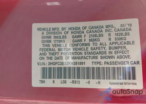 2019 Honda Civic Ex from USA, damaged, VIN 2HGFC3B32KH351891